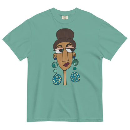 Green t-shirt with a graphic of a face with large earrings on a white background