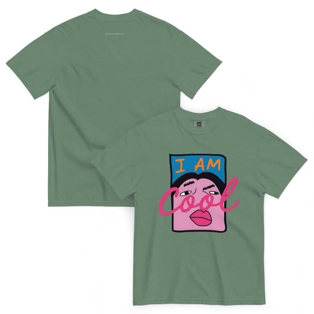 Green t-shirt with 'I AM Cool' graphic design on a white background