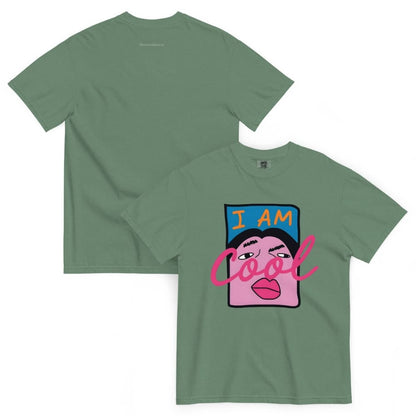 Green t-shirt with 'I AM Cool' graphic design on a white background