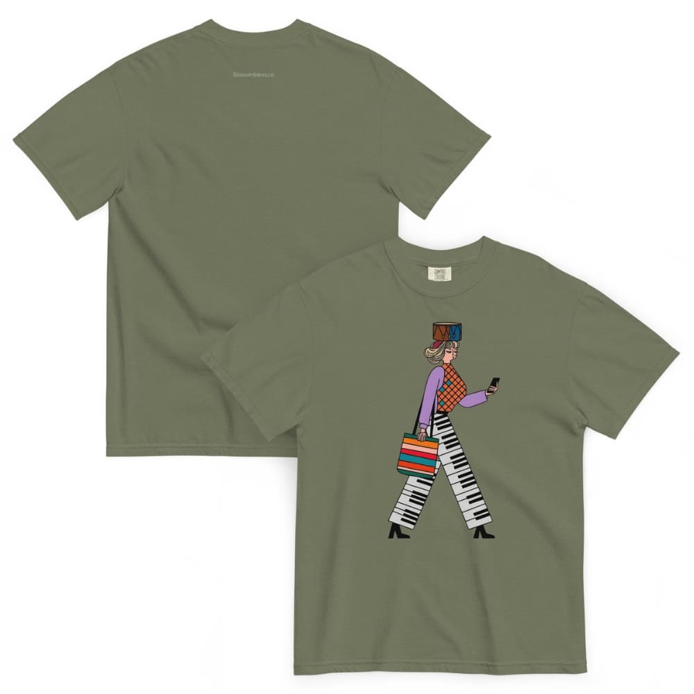 Moss green t-shirt with red and white text and graphics on a white background