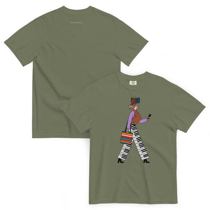 Moss green t-shirt with red and white text and graphics on a white background