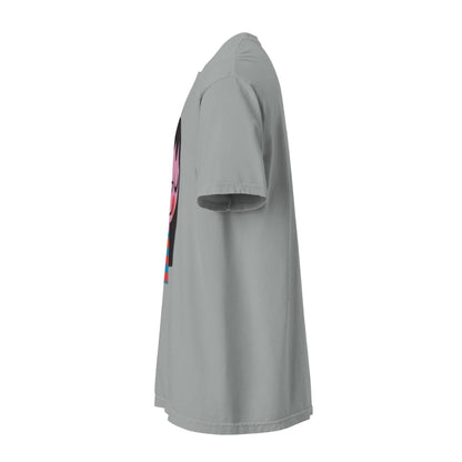 Light gray t-shirt with a colorful graphic on the sleeve against a white background