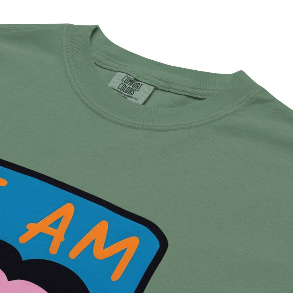Green t-shirt with colorful graphic design and 'Comfort Colors' label.