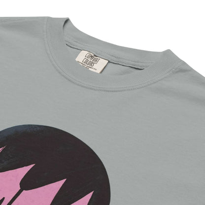 Light gray t-shirt with a black and pink graphic design on a white background