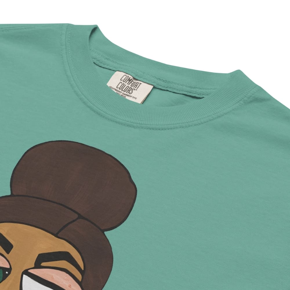Green t-shirt with cartoon character design and 'Comfort Colors' label.