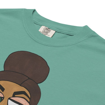 Green t-shirt with cartoon character design and 'Comfort Colors' label.