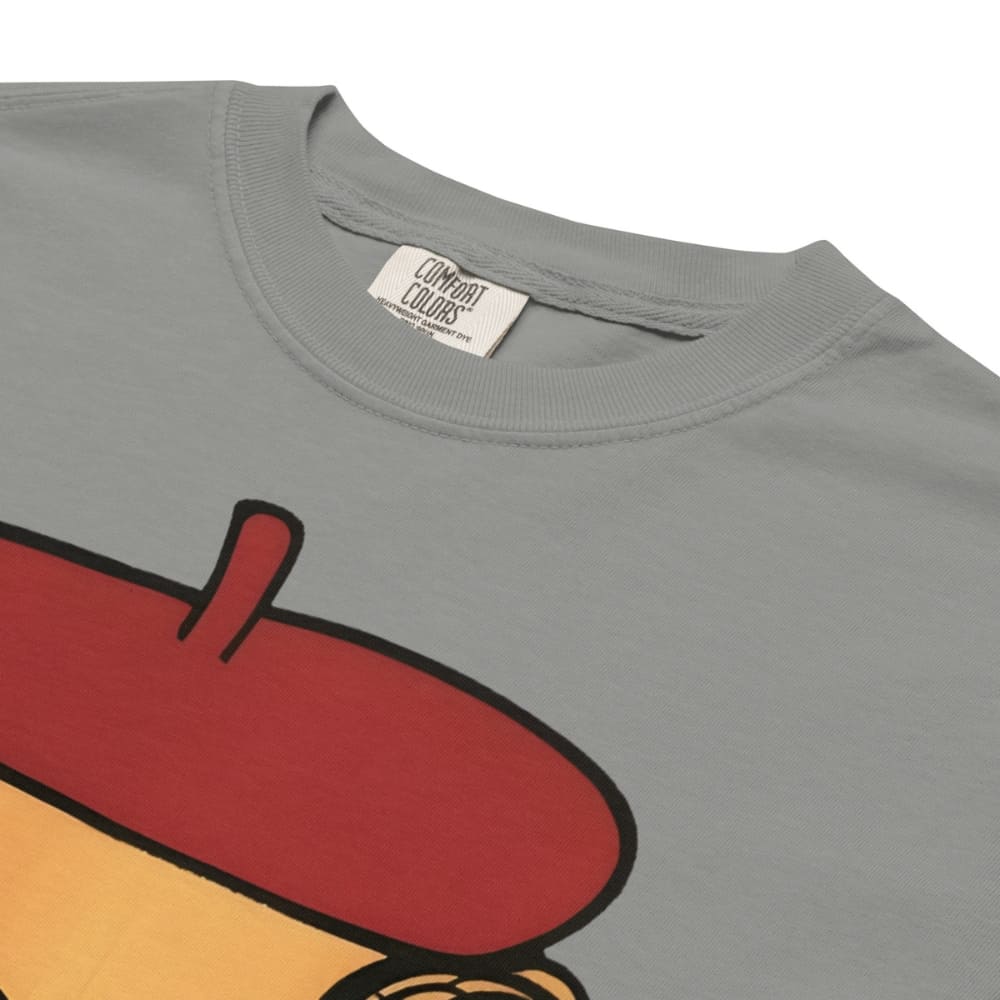 Gray t-shirt with a cartoonish red hat design on a white background