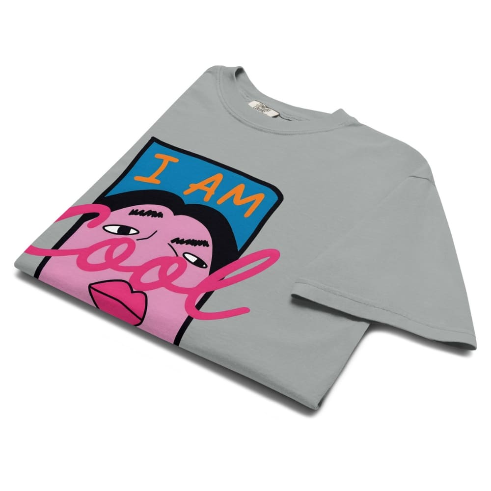 Gray t-shirt with colorful graphic design on a white background