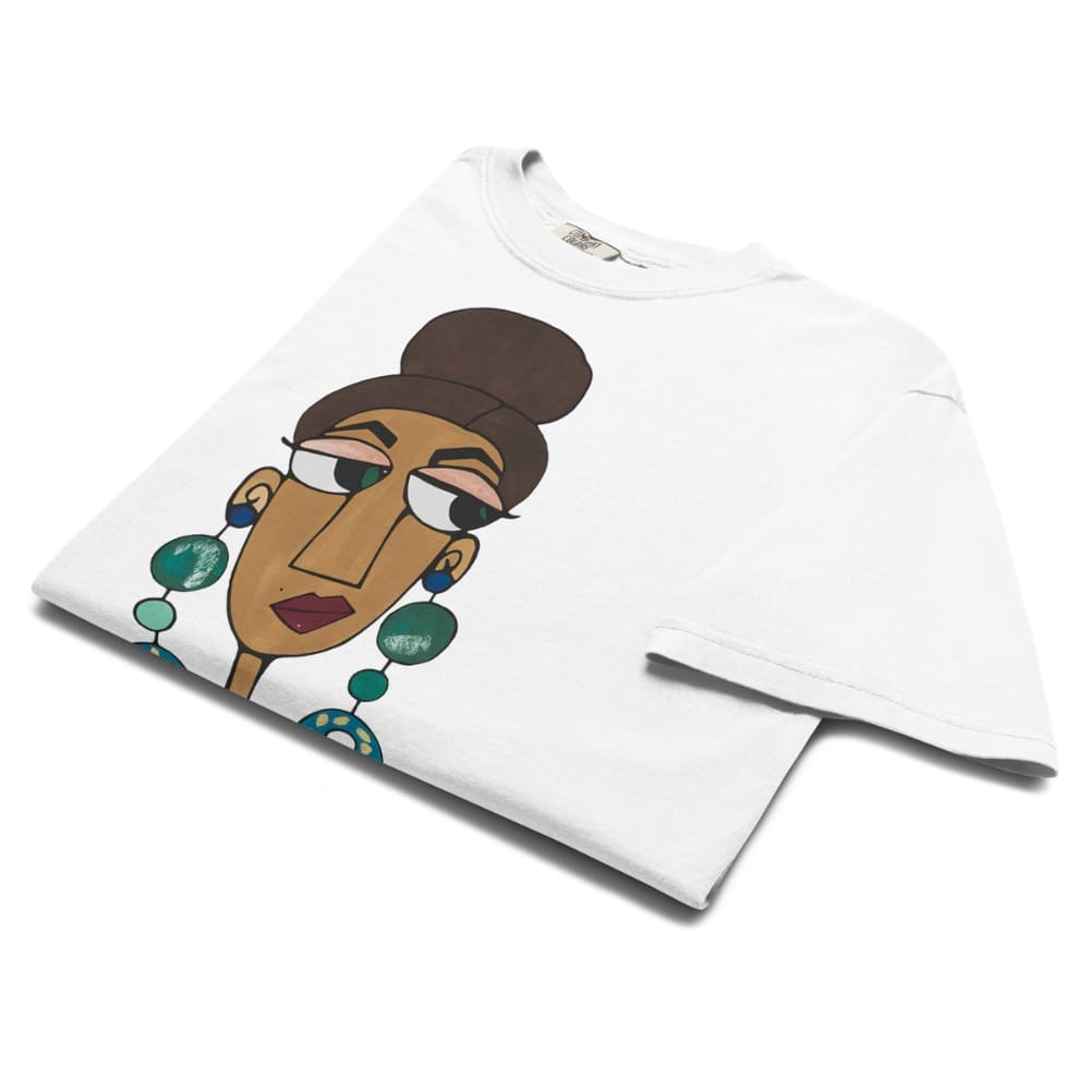 White t-shirt with a graphic design of a stylized face on a white background