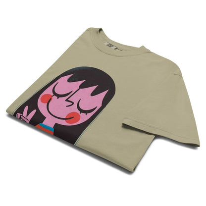 Khaki t-shirt with a colorful graphic design on a white background