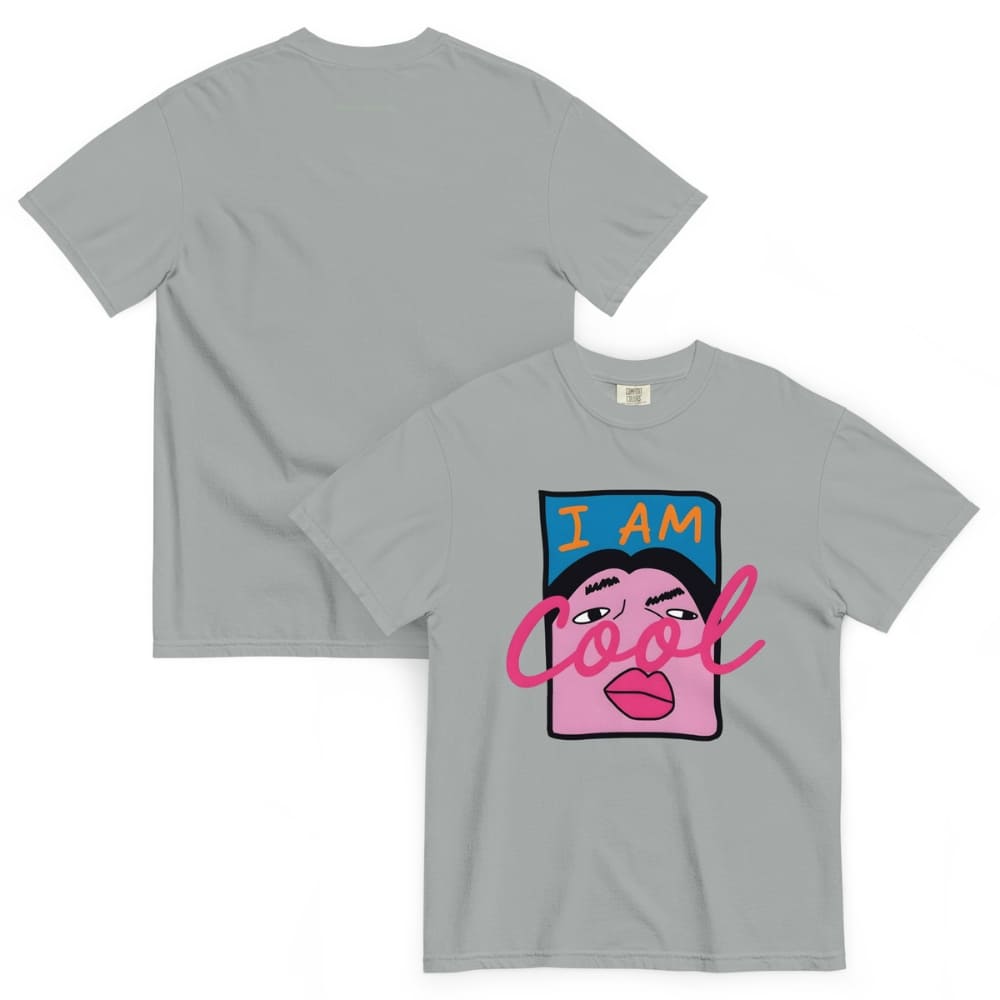 Gray t-shirt with 'I AM Cool' graphic design on a white background