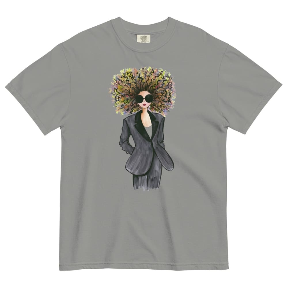 Gray t-shirt with a graphic of a woman with a floral headpiece and sunglasses on a white background