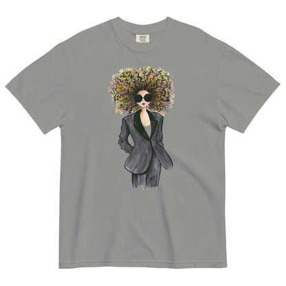 Gray t-shirt with a graphic of a woman with a floral headpiece and sunglasses on a white background
