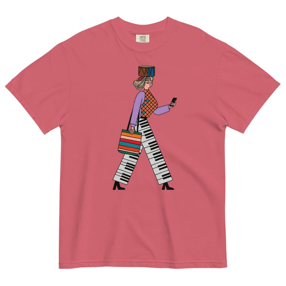 Watermelon red t-shirt with a colorful graphic of a person walking and using a phone on a white background