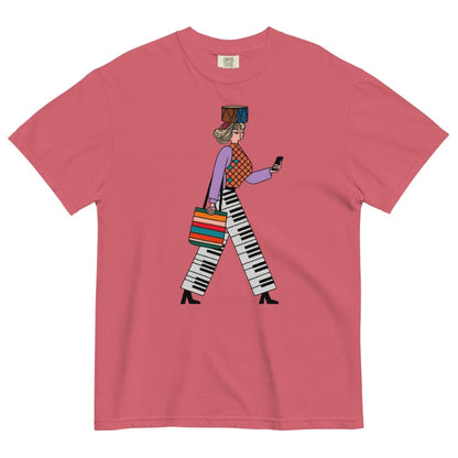 Watermelon red t-shirt with a colorful graphic of a person walking and using a phone on a white background