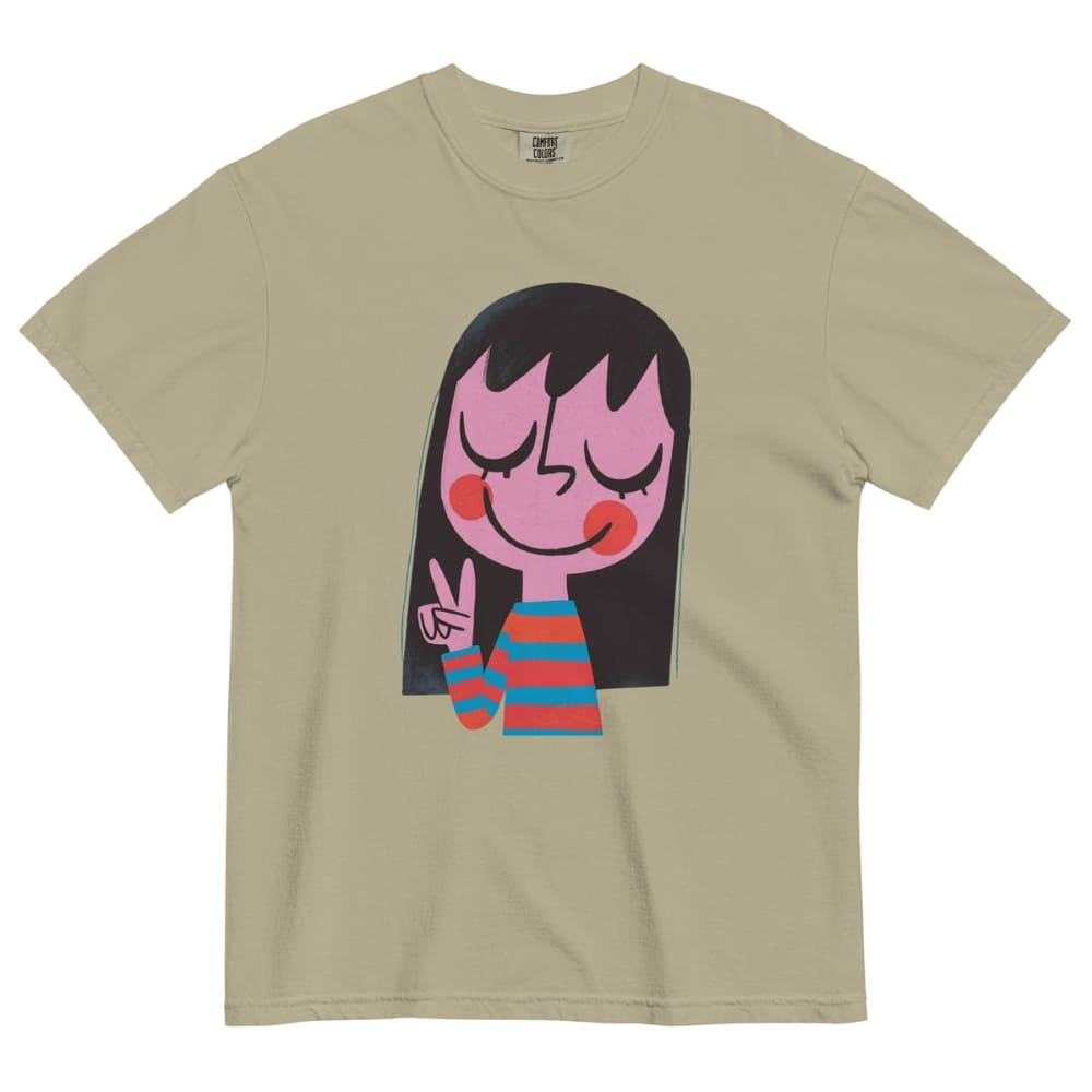Khaki t-shirt with a cartoon character design on a white background