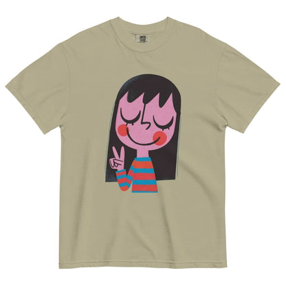 Khaki t-shirt with a cartoon character design on a white background