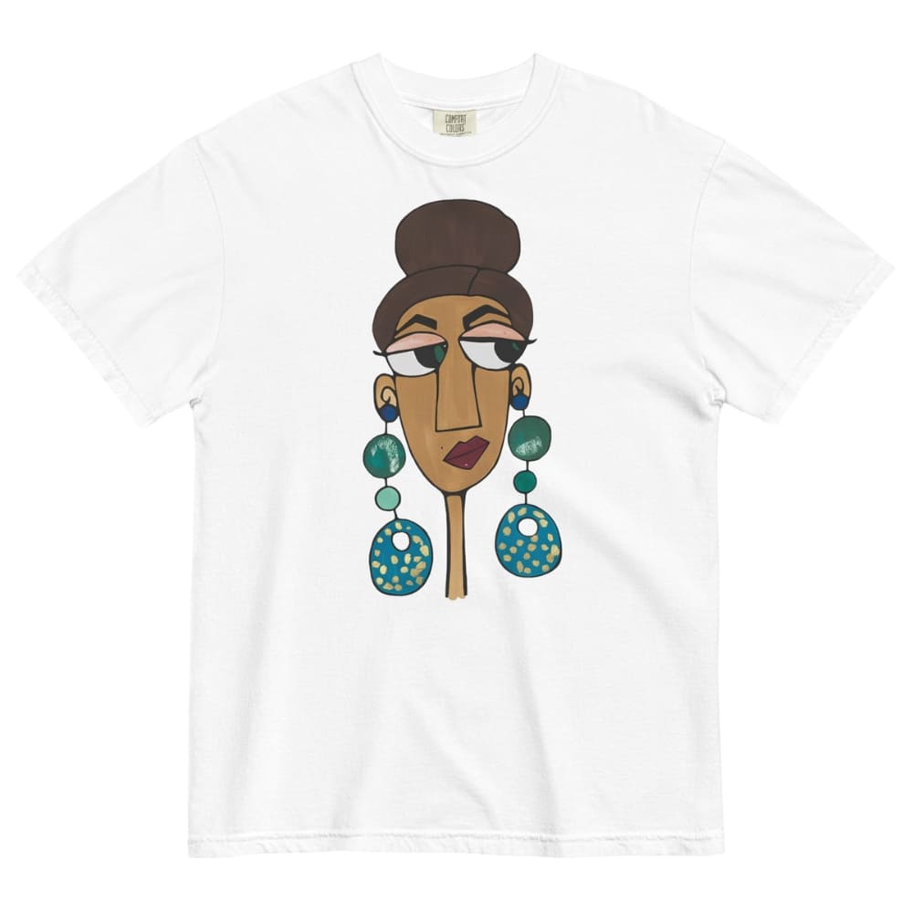 White t-shirt with a colorful graphic of a face and earrings on a white background