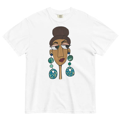White t-shirt with a colorful graphic of a face and earrings on a white background