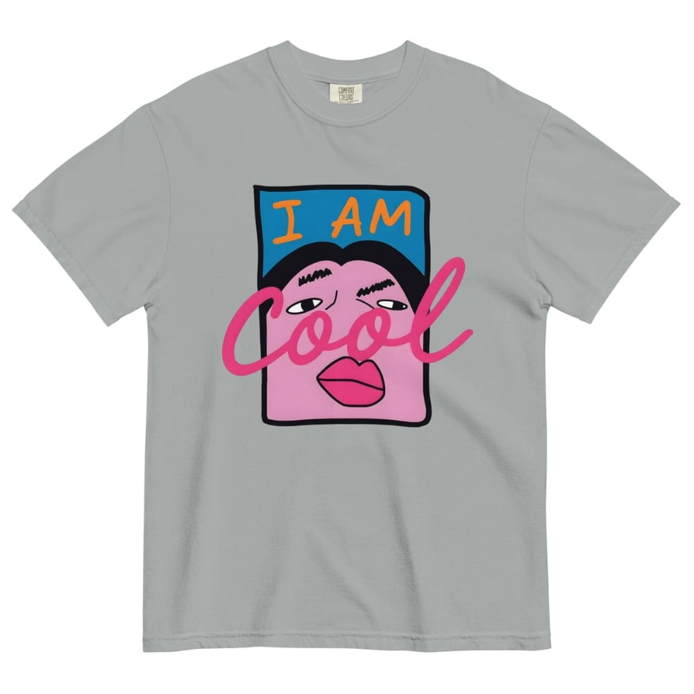 Gray t-shirt with a colorful graphic of a face and 'I AM Cool' text on a white background