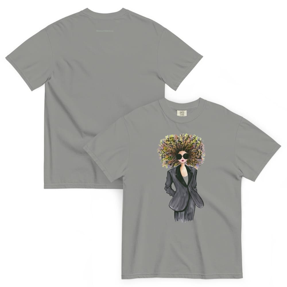 Gray t-shirt with a graphic design of a person with a floral hairstyle on a white background