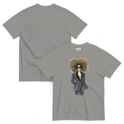 Gray t-shirt with a graphic design of a person with a floral hairstyle on a white background
