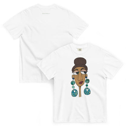 White t-shirt with a colorful graphic of a woman's face and earrings on a white background
