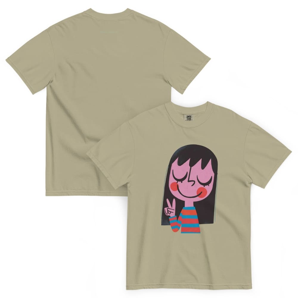 Khaki t-shirt with a cartoon character design on a white background