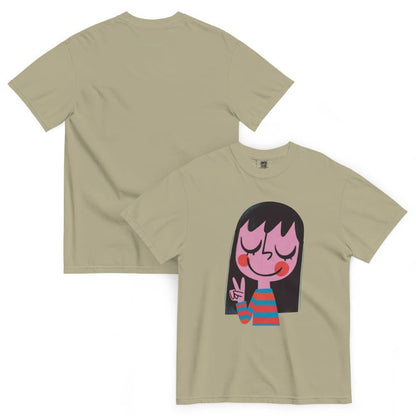 Khaki t-shirt with a cartoon character design on a white background
