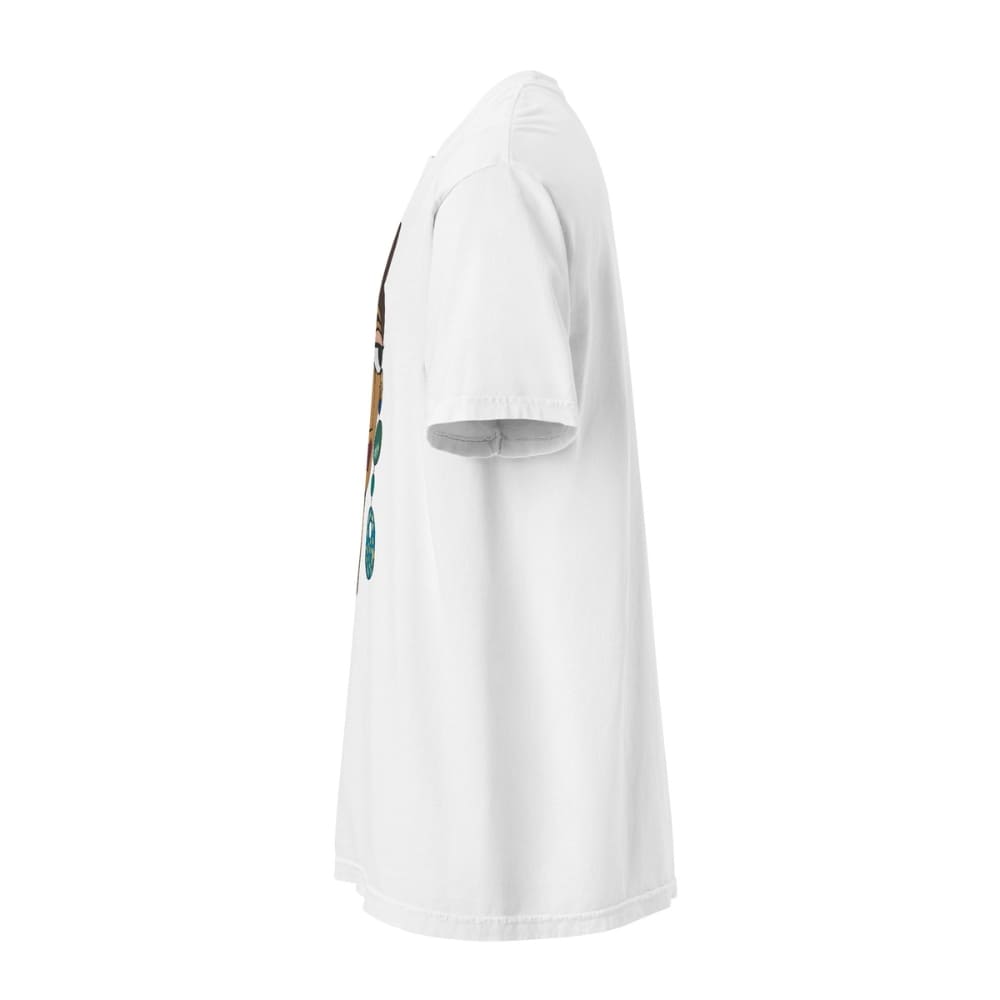 White t-shirt with a graphic design on a white background