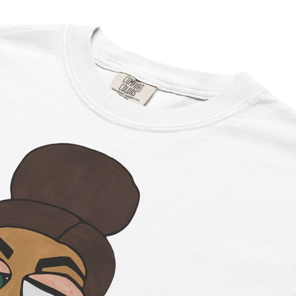 White t-shirt with cartoon character design and 'Comfort Colors' label.