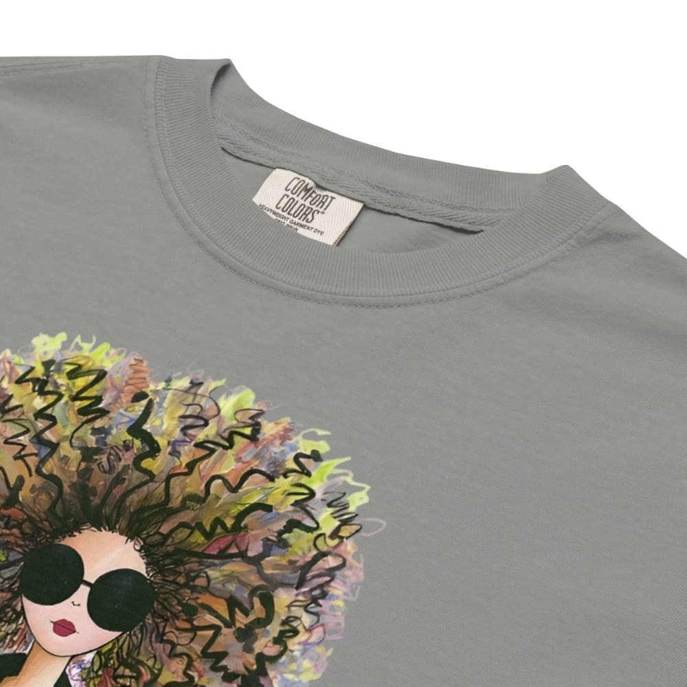 Gray t-shirt with a colorful graphic of a woman with sunglasses and a large hat, branded 'Comfort Colors'.