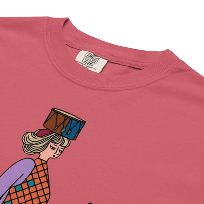 Watermelon red t-shirt with a graphic of a person holding a drum and 'Comfort Colors' label.