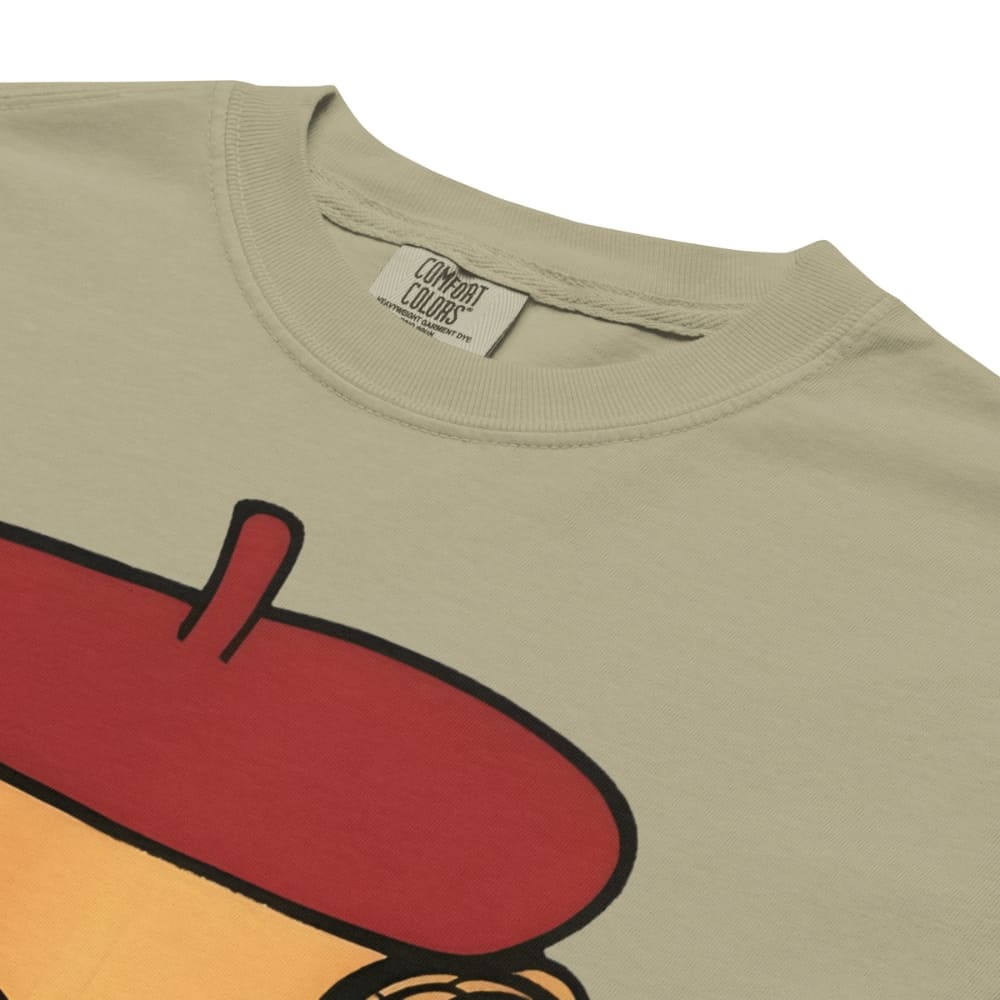 Khaki t-shirt with a large red and orange graphic on a white background