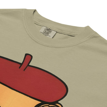 Khaki t-shirt with a large red and orange graphic on a white background