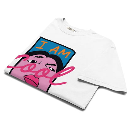 White t-shirt with colorful graphic design on a white background
