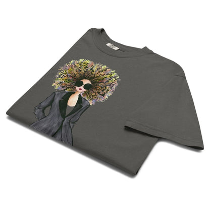 Pepper-gray t-shirt with a graphic of a woman with flowers in her hair on a white background