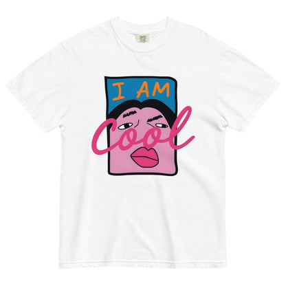 White t-shirt with colorful graphic design featuring a face and 'I AM Cool' text on a white background
