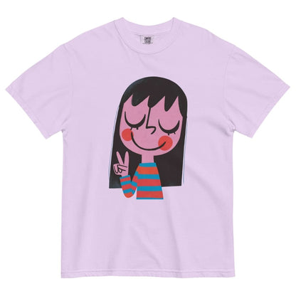 Lavender t-shirt with a cartoon character design on a white background