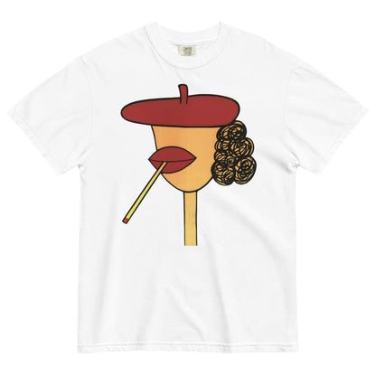 White t-shirt with a stylized graphic of a face wearing a red beret, yellow face, and black hair on a white background.