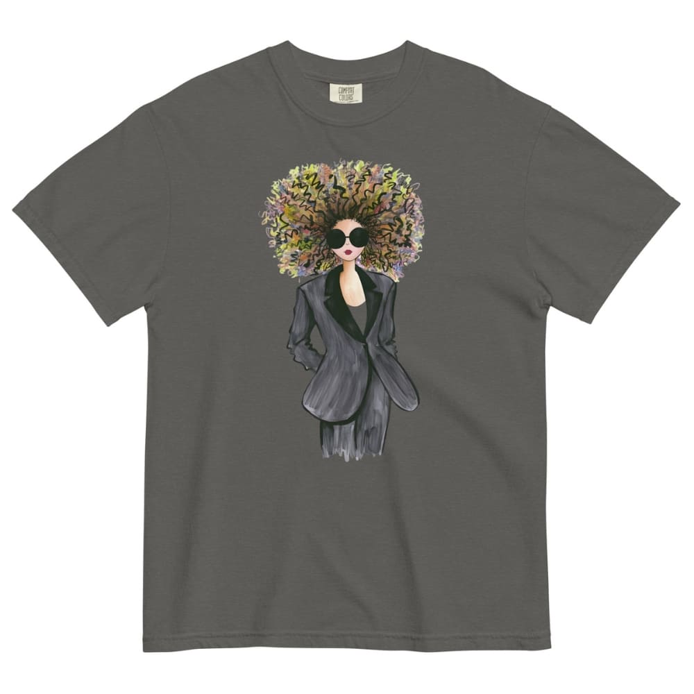 Pepper-gray t-shirt with a graphic of a woman with a floral afro design on a white background