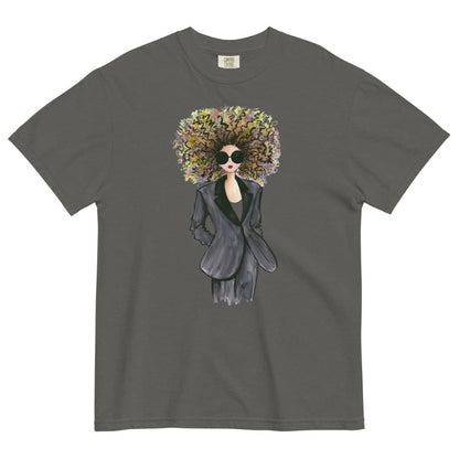 Pepper-gray t-shirt with a graphic of a woman with a floral afro design on a white background