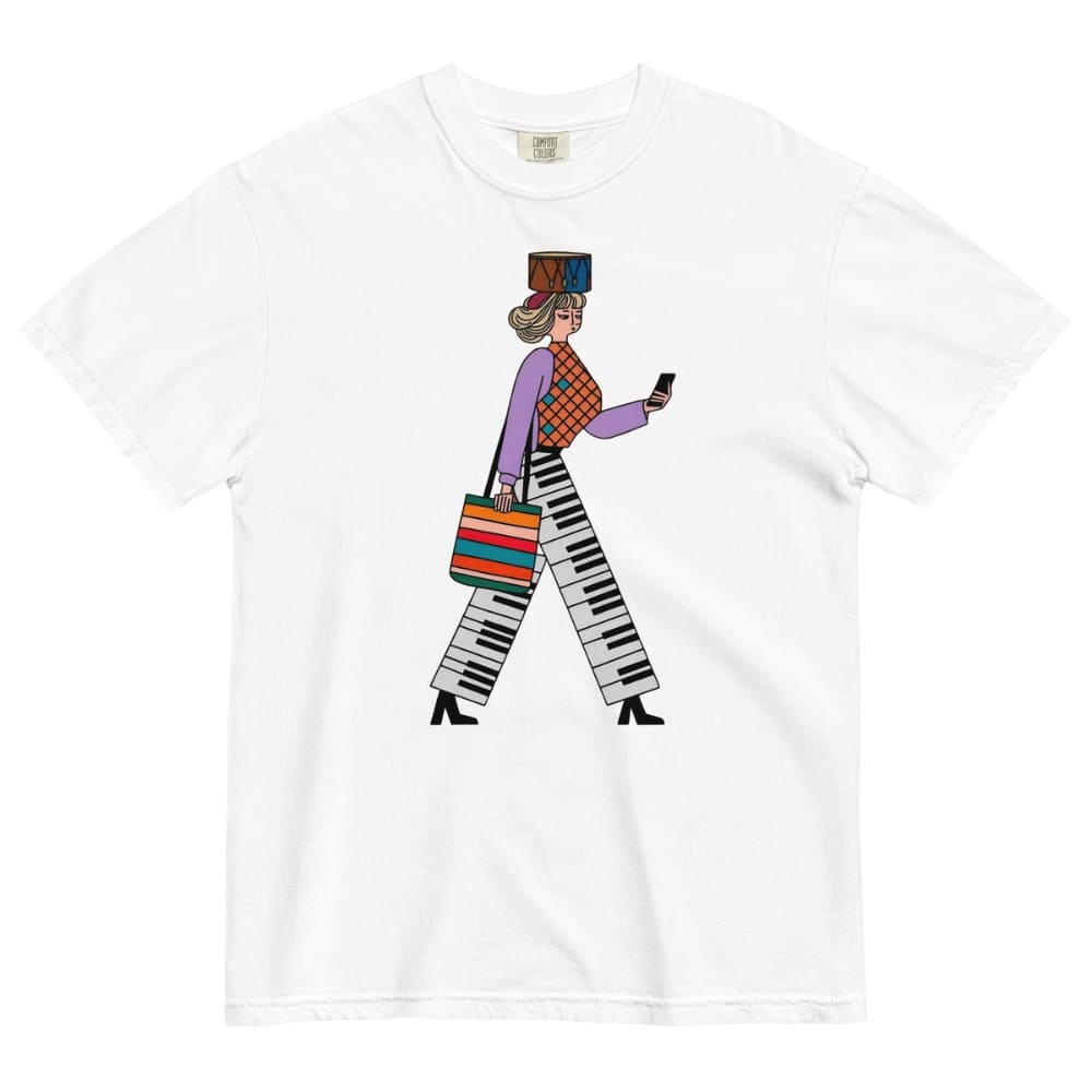 White t-shirt with a colorful graphic of a person walking and holding a phone on a white background