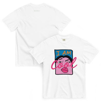 White t-shirt with colorful graphic design on a white background