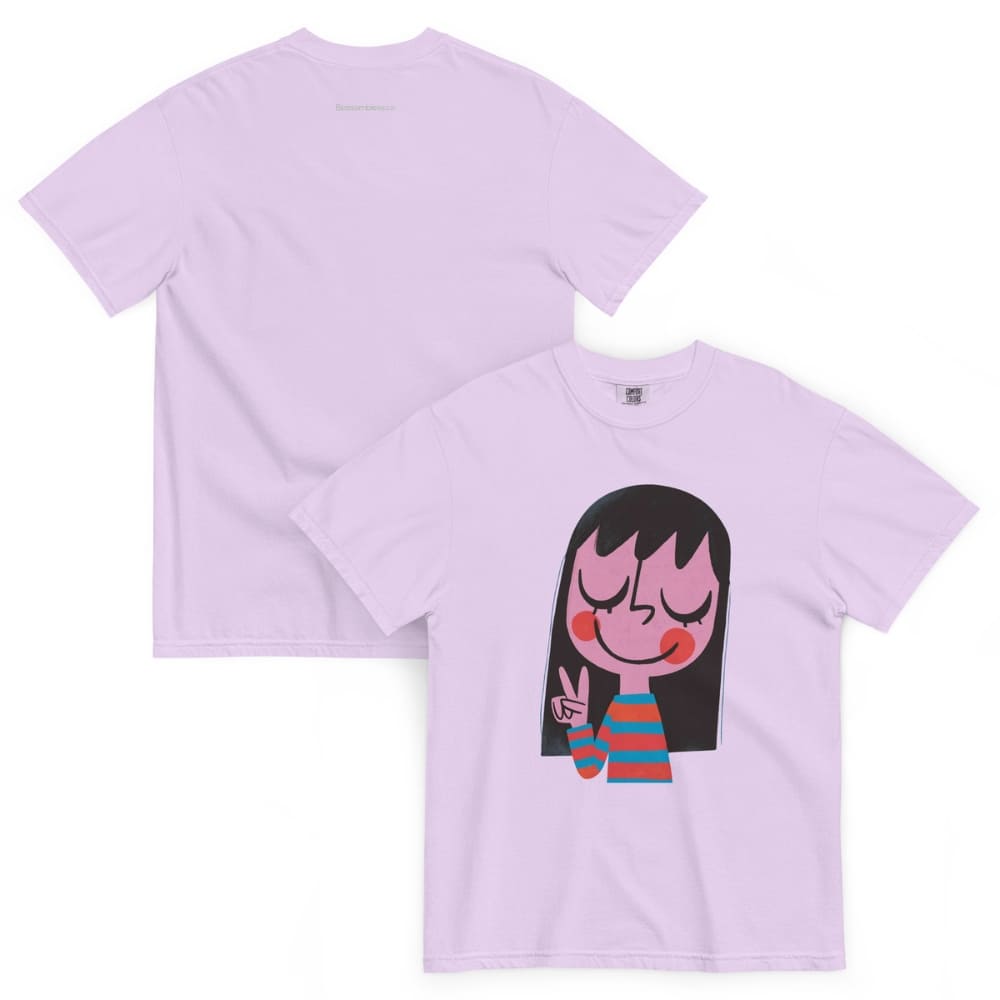 Light purple t-shirt with a cartoon character design on a white background