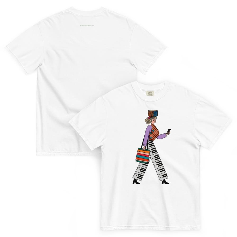 White t-shirt with a colorful graphic of a person walking on a white background