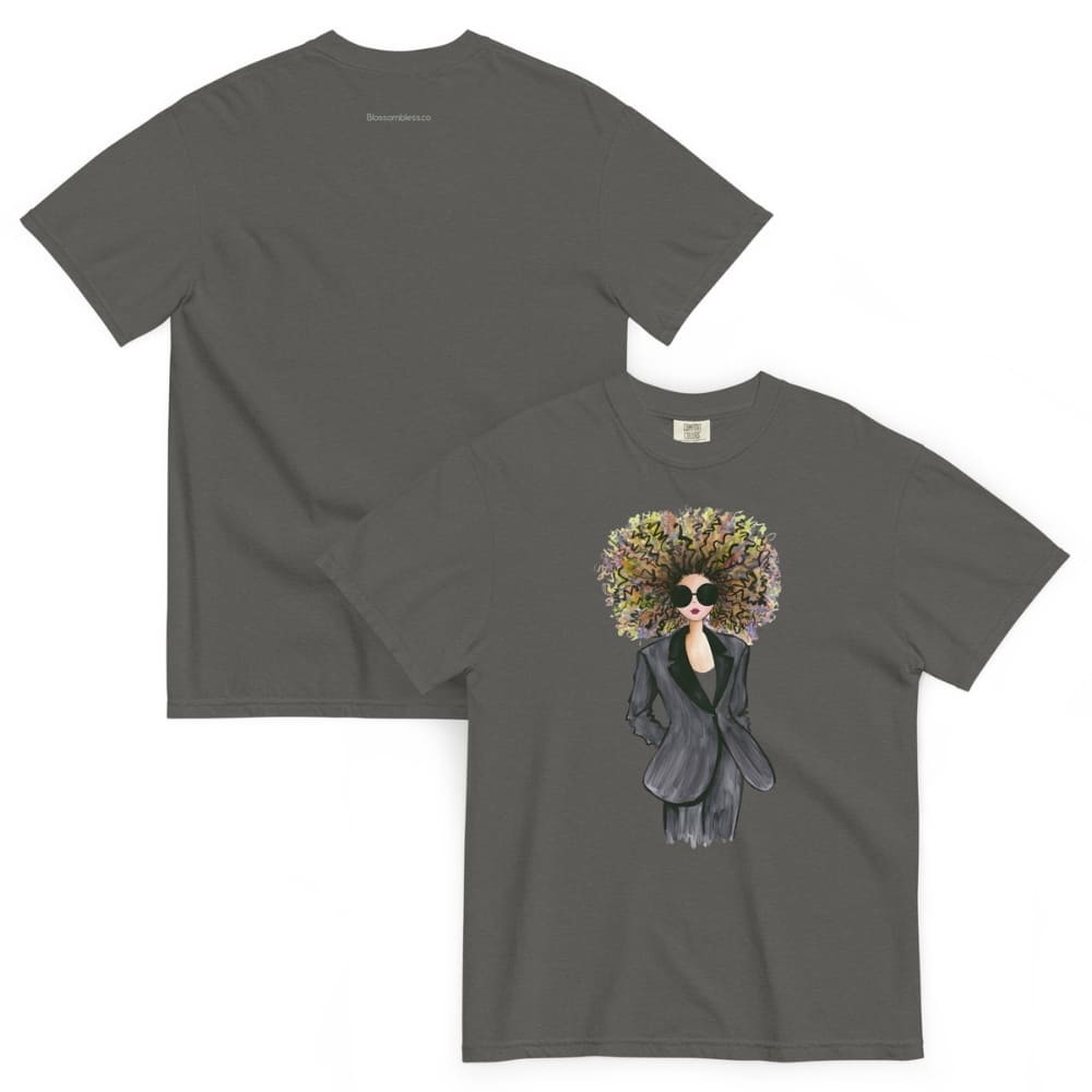 Pepper-gray t-shirt with a graphic design of a woman with a floral headpiece on a white background