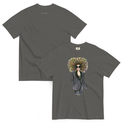 Pepper-gray t-shirt with a graphic design of a woman with a floral headpiece on a white background