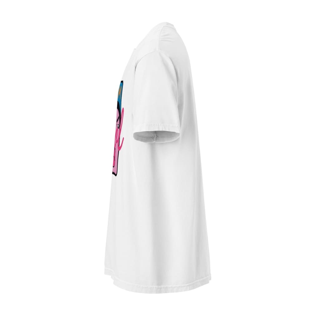 White t-shirt with a colorful graphic on the sleeve against a white background