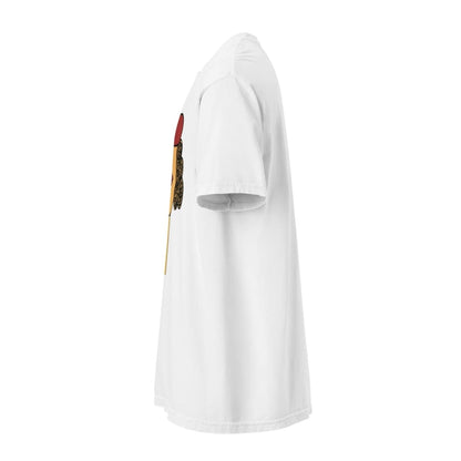 White t-shirt with a colorful graphic on the sleeve against a white background